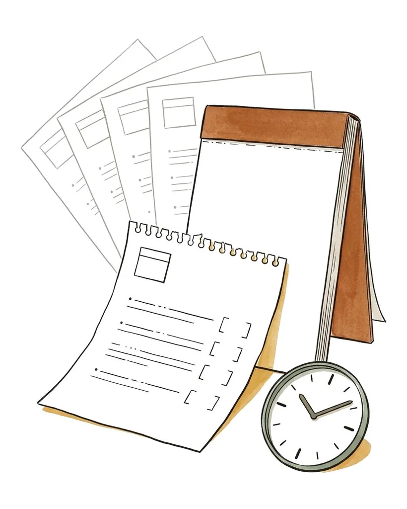 One dated sheet torn from a pad, identical copies fanned behind it beside a clock