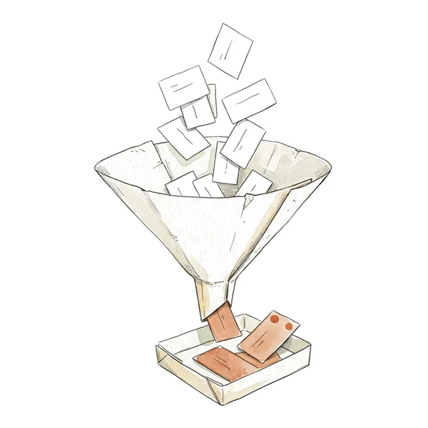 Loose cards falling through a paper funnel, three marked ones landing in a tray