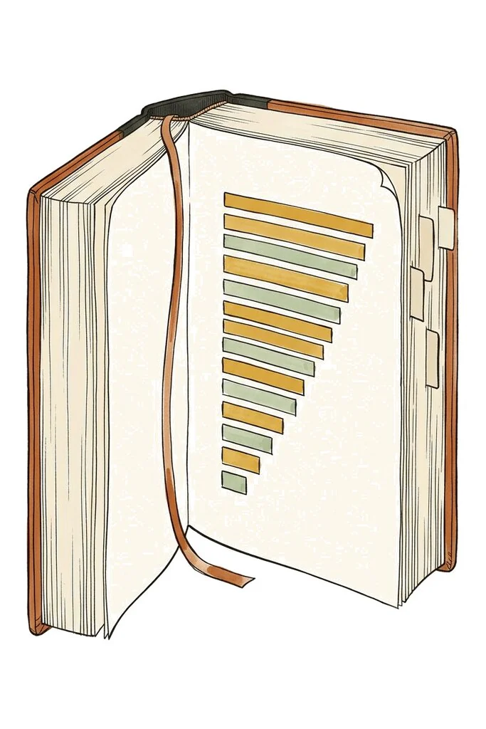 An open ledger with a column of bars climbing the page