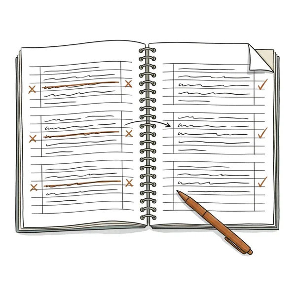 An open notebook of mistakes, each crossed-out line corrected on the facing page