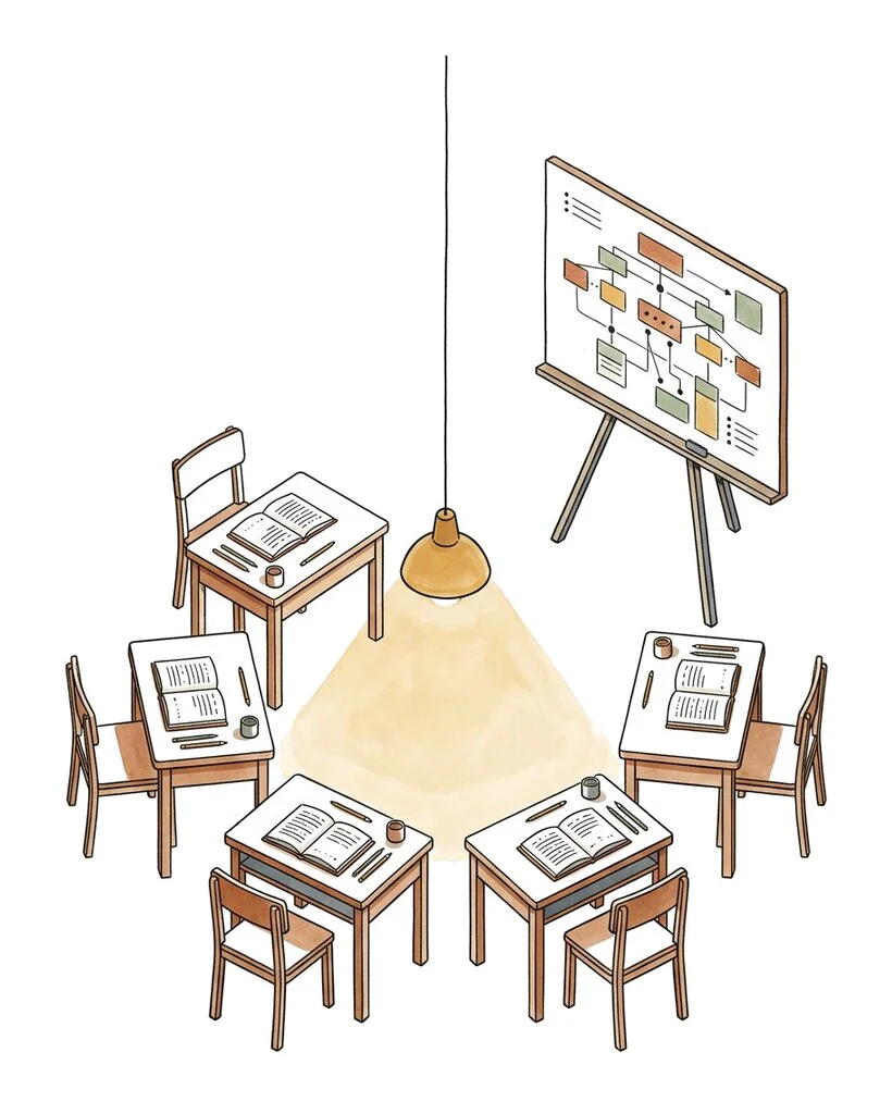 Study desks arranged in a ring around a shared board